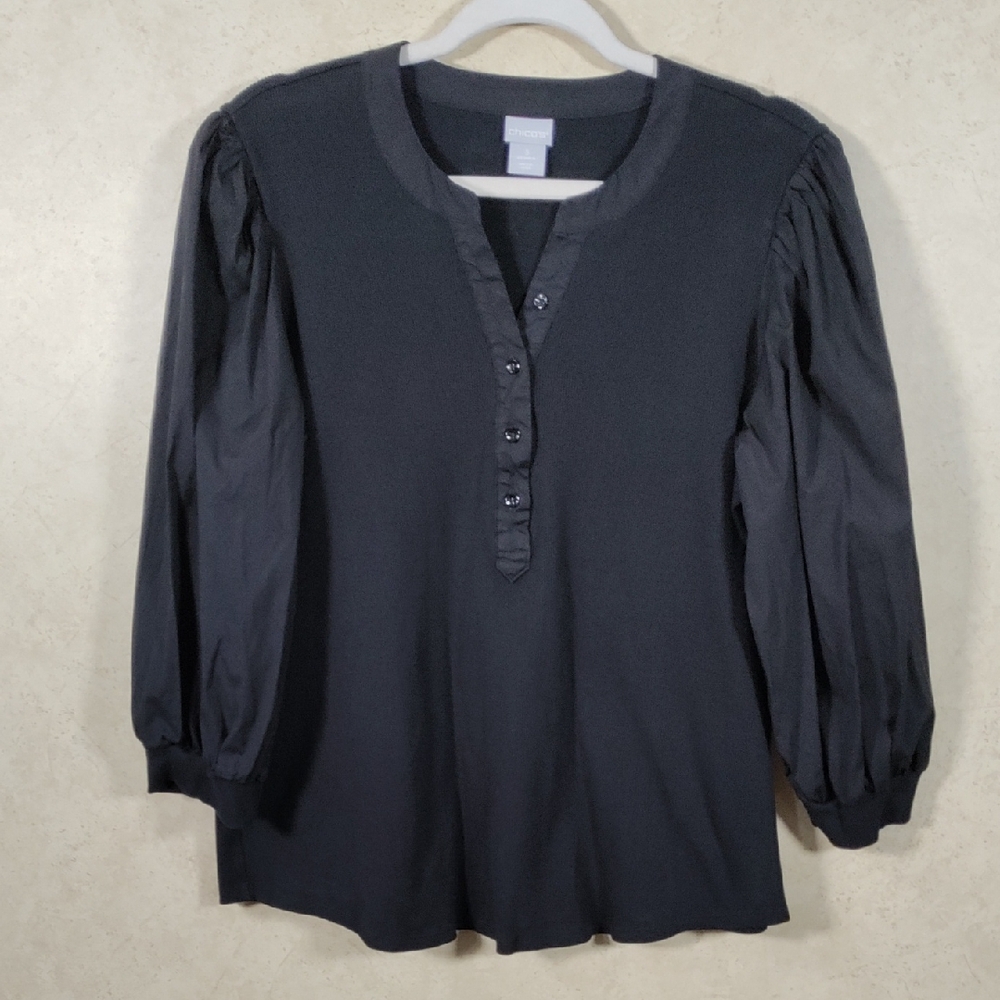 6088 Chico's black ribbed knit and puffy cotton sleeve blouse 3 XL